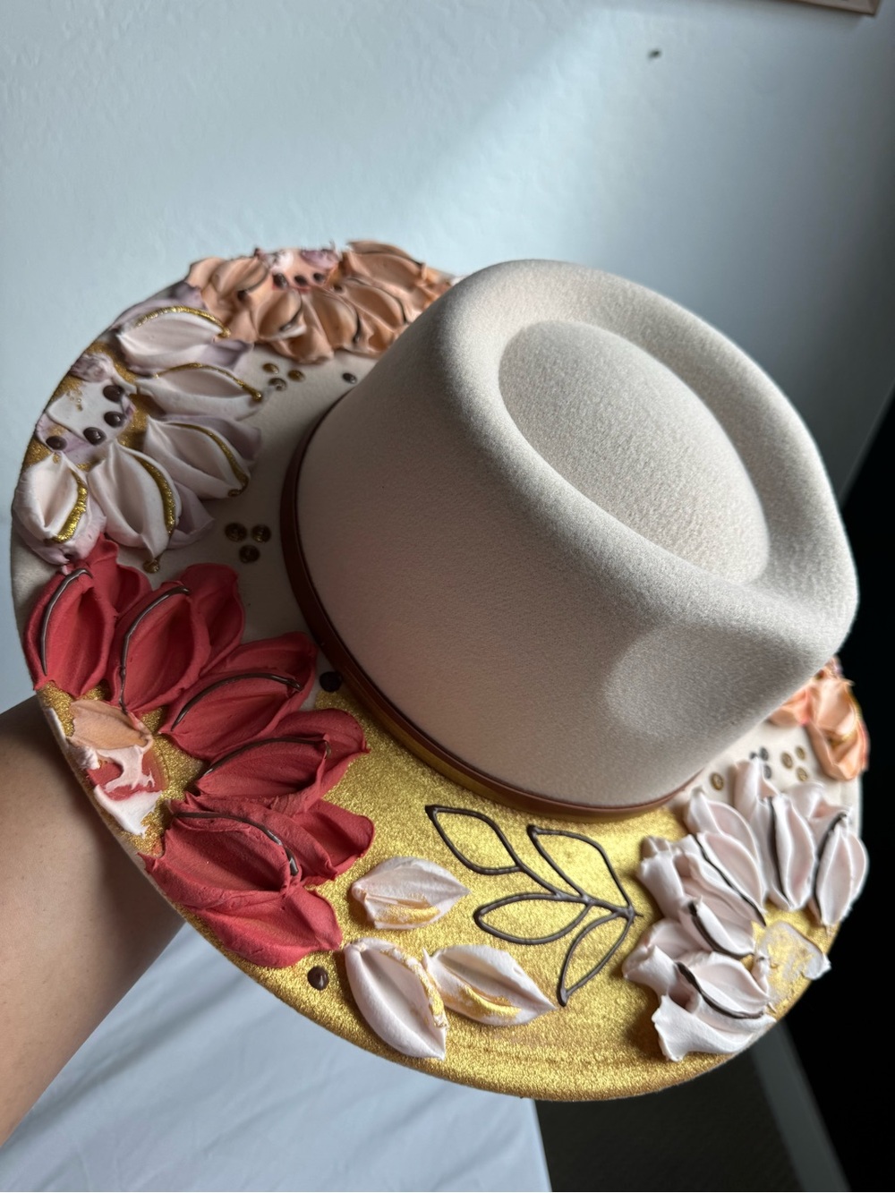 Women's Cream Felt Floral Brim Hat with Gold Accents